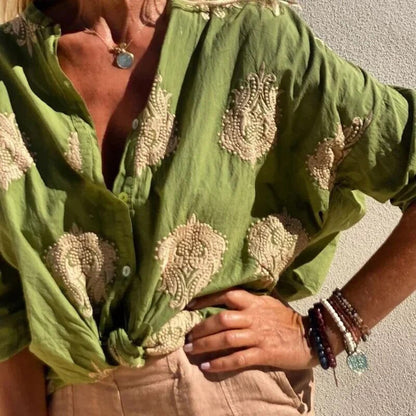 Casual Embroidered Cotton And Linen Shirt Top💥half price discount💥